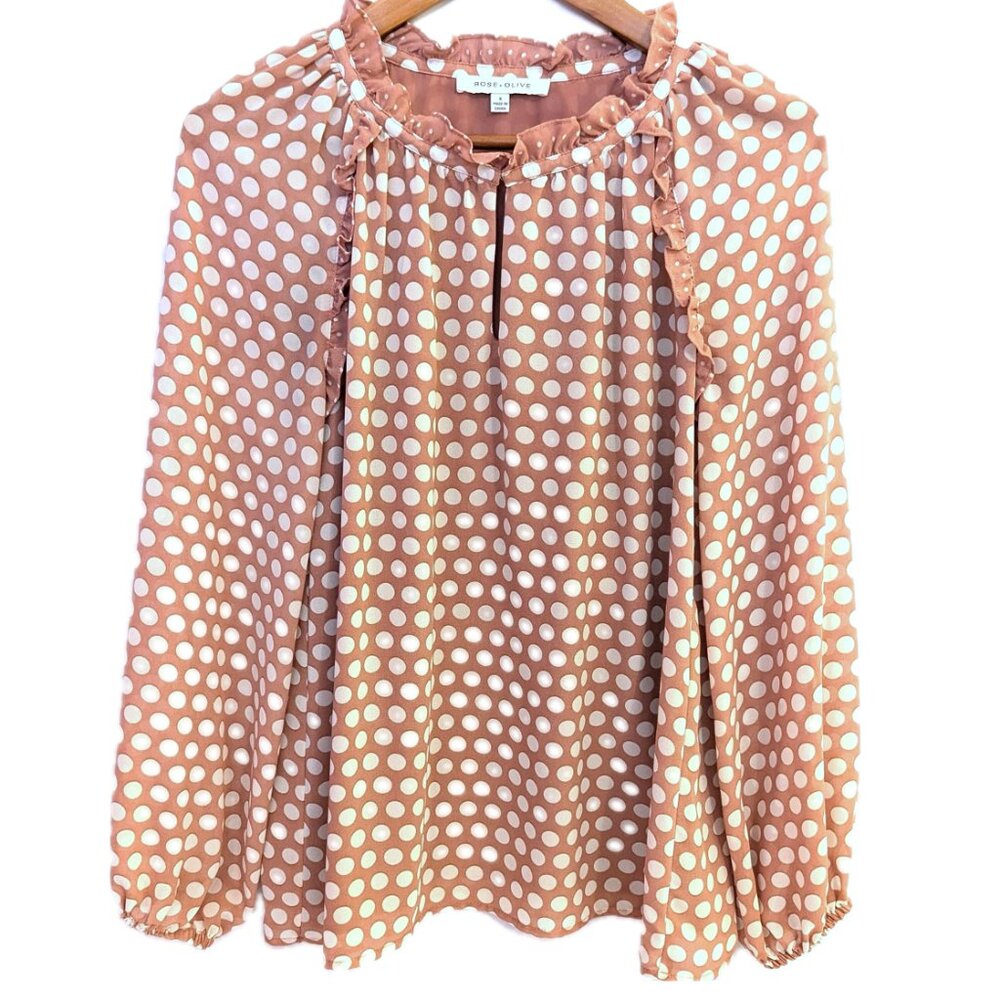 Rose + Olive | Pink Long Sleeve Ruffle Collar Polka Dot Blouse | Size Small - Picture 8 of 13